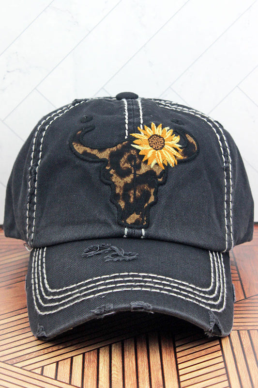 Distressed Black leopard Steer Hat